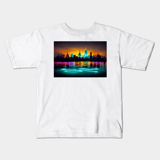 Neon New York City Skyline With Neonlight Buildings / New York City Silhouette Kids T-Shirt by Unwind-Art-Work